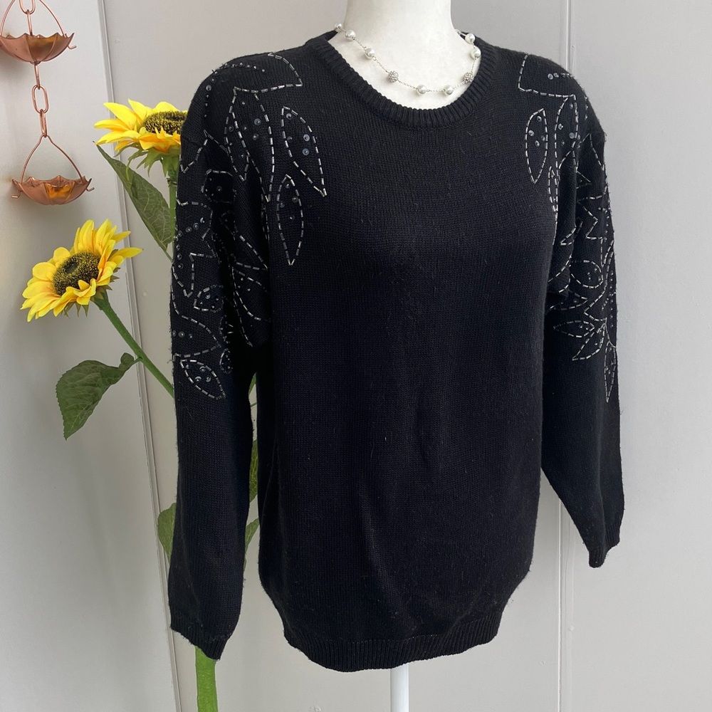 Vintage 80s Black Pullover Sweater with Embellished Silver Floral Sequin Sleeves